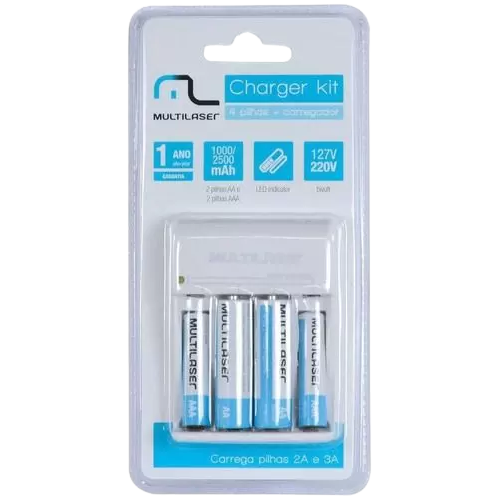 CARREGADOR PILHAS C/ 4 PILHAS MULTILASER